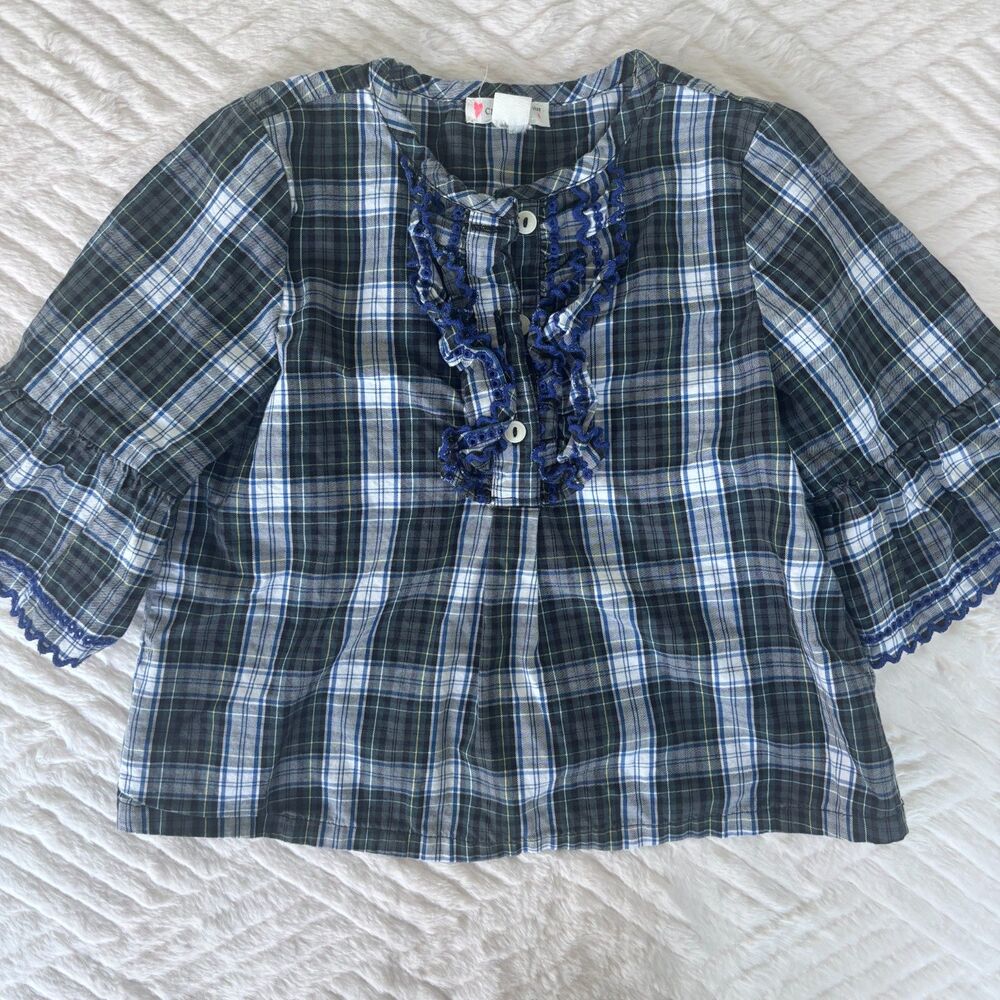 Crewcuts Girls Size 4 Blue Plaid Ruffle Bell Sleeve Button Front Blouse Top